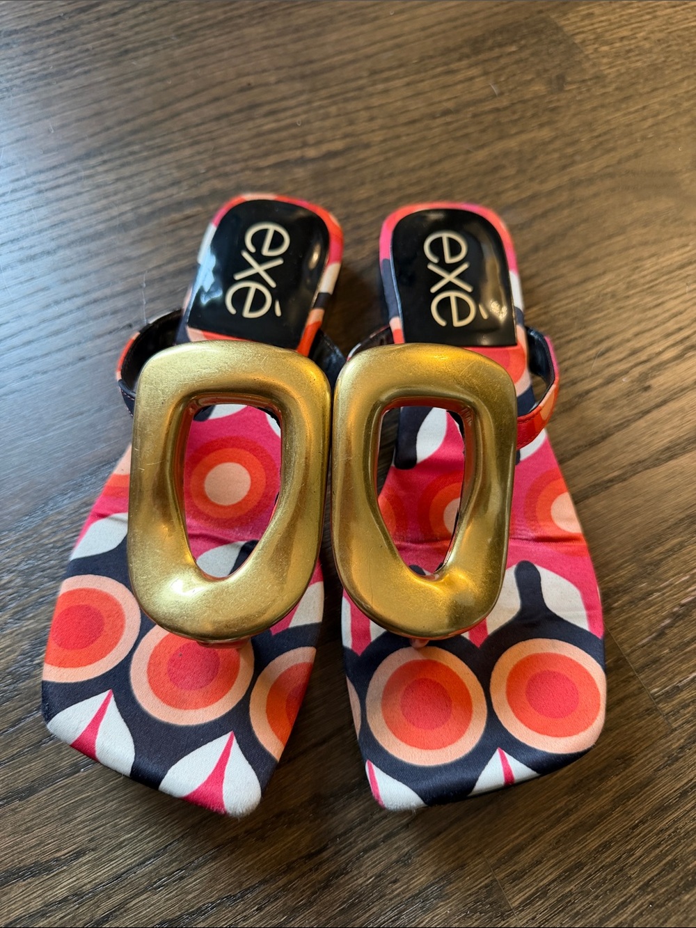 EXE Pink Retro-Print Slide Mules with Gold Accent